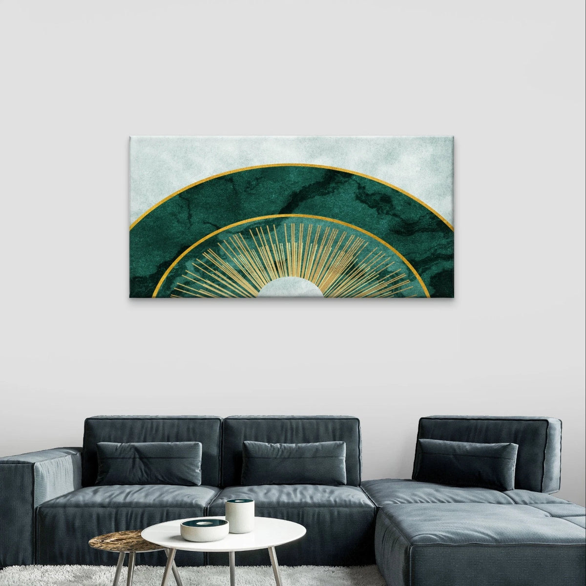 Emerald Green Marble and Gold Sun Wall Art Canvas Office Home Framed 120x60cm