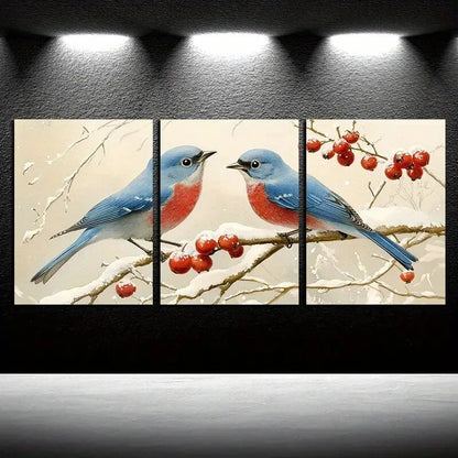 3pcs Bluebirds and Berries in Soft Color Palette Metal Print Ready to Hang Art - Bella Home Decor