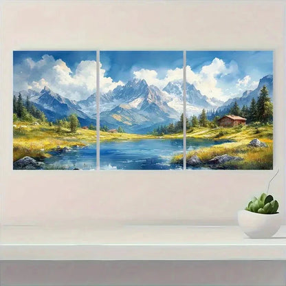 3pcs Alps Mountain Valley Watercolor Landscape Metal Print Ready to Hang Art - Bella Home Decor