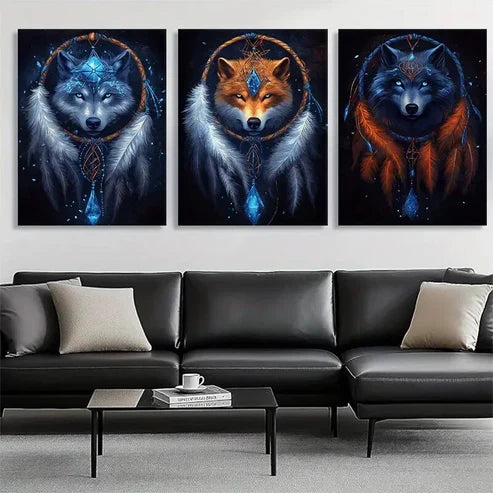 3pcs Mystical Wolf Fox Dreamcatcher Spirit Wall Art Set Canvas Unframed - High Quality Print 100% Australian Made Wall Canvas