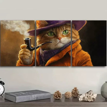 3pcs A Cat with a Pipe Smoke Orange Cat Wall Art Set Canvas Unframed - High Quality Print 100% Australian Made Wall Canvas - Bella Home Decor