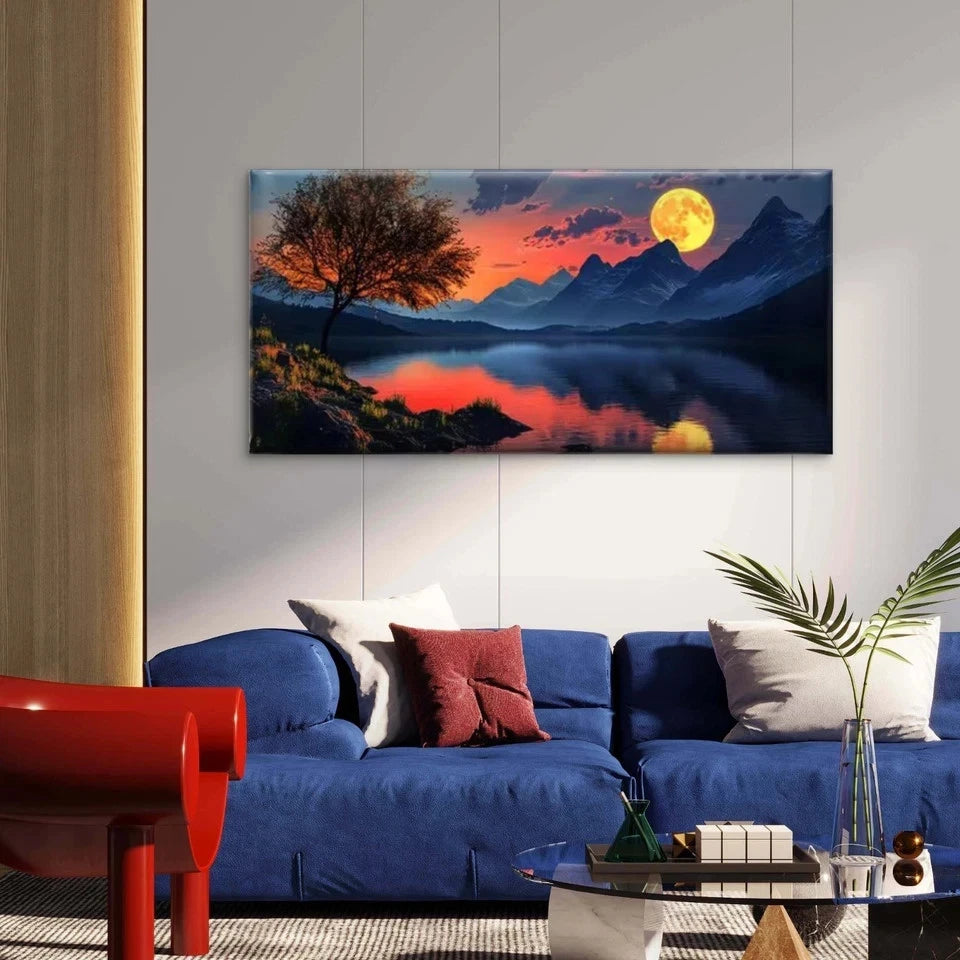 Mountain River Scene with Moon Wall Art Canvas Office Home Room Framed 120x60cm