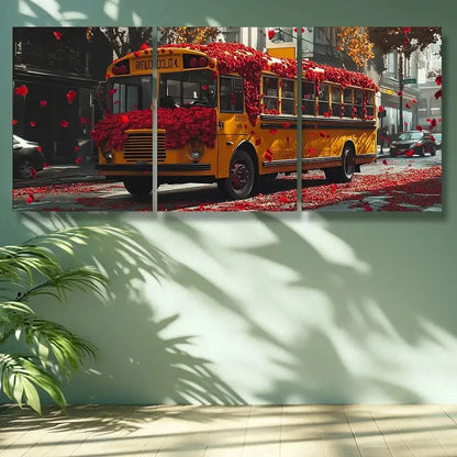 3pcs School bus, rose Art Painting Metal Print Ready to Hang Art