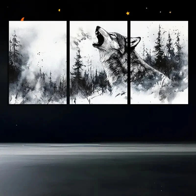 3pcs The Howling Wolves in the Forest Metal Print Ready to Hang Art - Bella Home Decor
