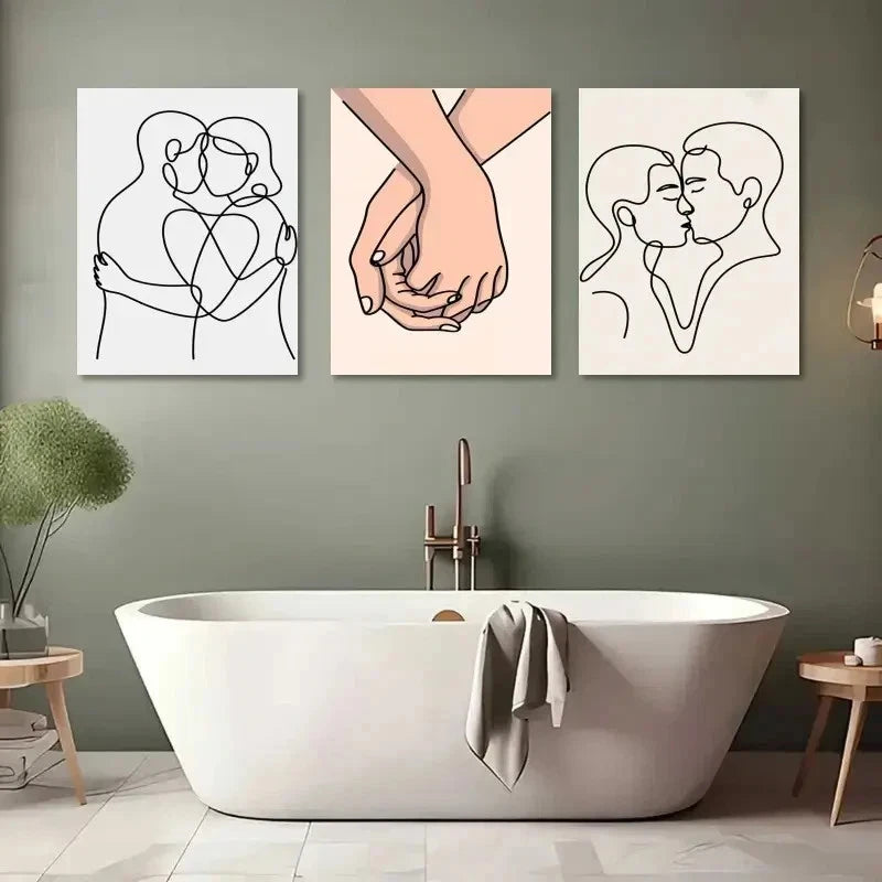 3pcs Romantic Line Art Hug Holding Hands Kiss Metal Print Ready to Hang Art - Bella Home Decor