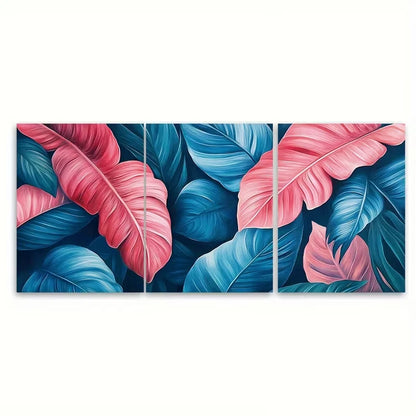 3pcs Bright Pink Blue Teal Exotic Leaves Metal Print Ready to Hang Art - Bella Home Decor