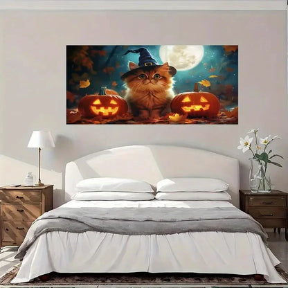 Pumpkin Cat Cute Gothic Wall Art Canvas Office Home Room Framed 120x60cm