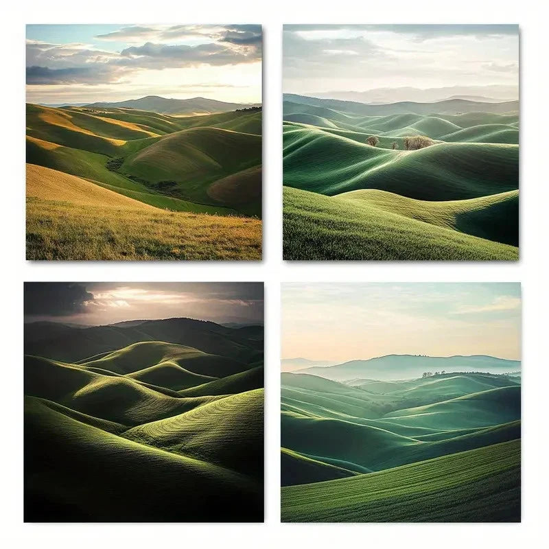4pcs Vibrant Green Hills & Sunset Scenery Wall Art Canvas Framed