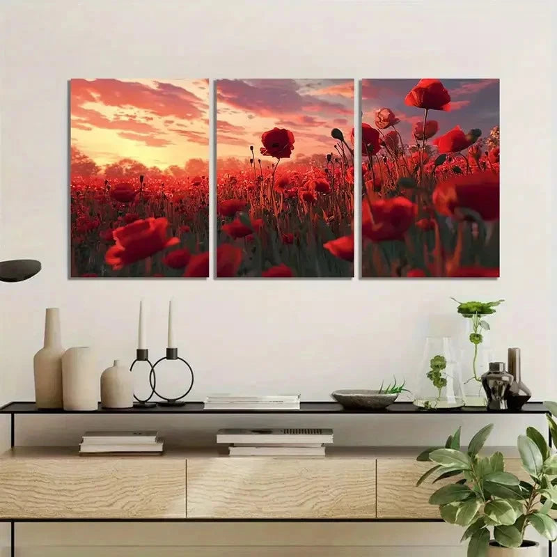 3pcs Art Painting Red Poppy Field at Sunset Metal Print Ready to Hang Art - Bella Home Decor