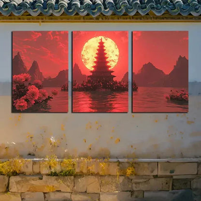 3pcs Pagoda and Moon Art Canvas Unframed - High Quality Print 100% Australian Made Wall Canvas