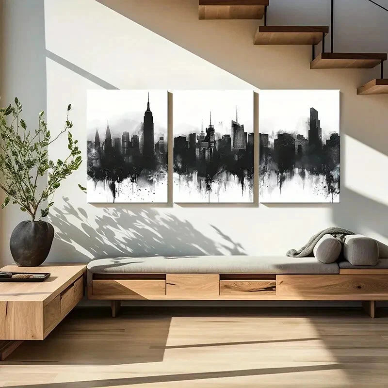 3pcs Cityscape Art Black White Urban Skyline Metal Print Ready to Hang Art - Bella Home Decor