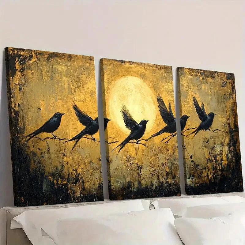 3pcs Black White Golden Birds  TY    Wall Art Set Canvas Framed 40x60cm - High Quality Print 100% Australian Made Wall Canvas Ready to Hang - Bella Home Decor