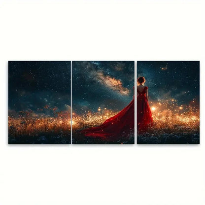 3pcs Red Gown Woman Gazing at Illuminated Night Wall Art Set Canvas Framed 60x90cm - High Quality Print 100% Australian Made Wall Canvas Ready to Hang