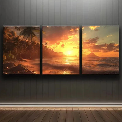3pcs Sunset Beach Scene Wall Art Set Canvas Framed 60x90cm - High Quality Print 100% Australian Made Wall Canvas Ready to Hang