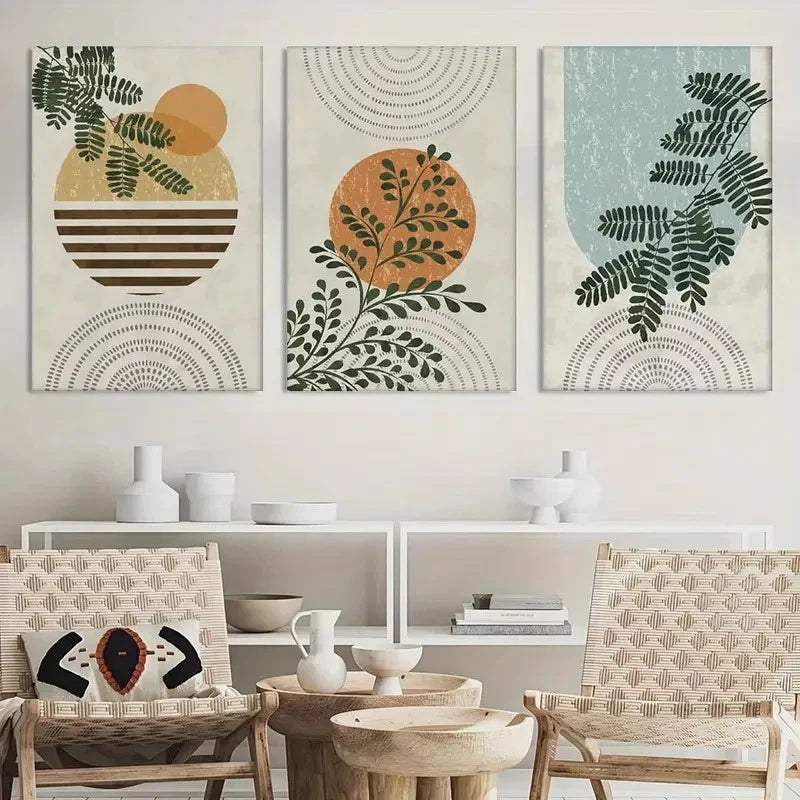 3pcs Plants Sage Green Bohemian Paintings Metal Print Ready to Hang Art - Bella Home Decor
