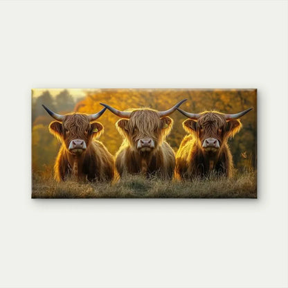 Highland Cattle Barnyard Scene Wall Art Canvas Office Home Room Framed 120x60cm