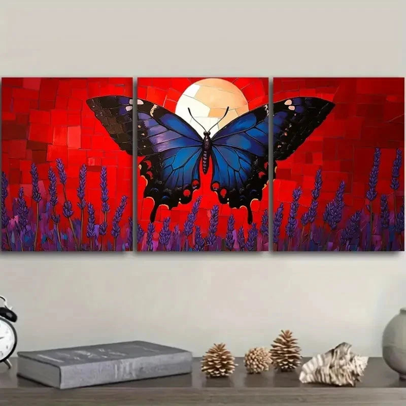 3pcs Blue Butterfly Over Lavender At Sunset Art Wall Art Set Canvas Framed 50x70cm - High Quality Print 100% Australian Made Wall Canvas Ready to Hang - Bella Home Decor