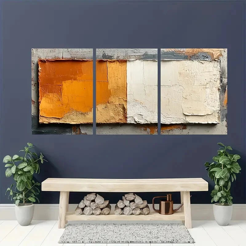 3pcs Brown and Beige Geometric Abstract Texture Metal Print Ready to Hang Art - Bella Home Decor