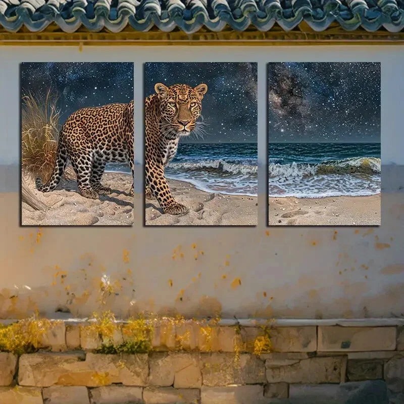 3pcs Leopards on the Beach Illustration Metal Print Ready to Hang Art - Bella Home Decor