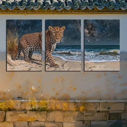 3pcs Leopards on the Beach Illustration Metal Print Ready to Hang Art - Bella Home Decor
