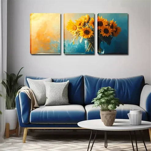 3pcs Sunflowers in Glass Vases Wall Art Canvas Unframed - High Quality Print 100% Australian Made Wall Canvas