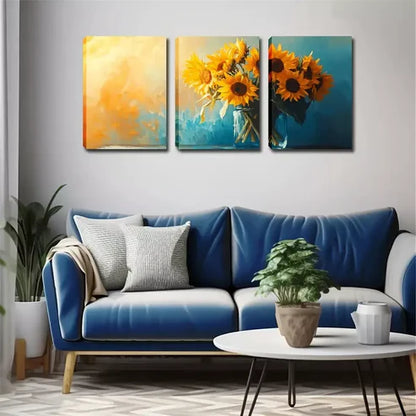 3pcs Sunflowers in Glass Vases Wall Art Canvas Unframed - High Quality Print 100% Australian Made Wall Canvas