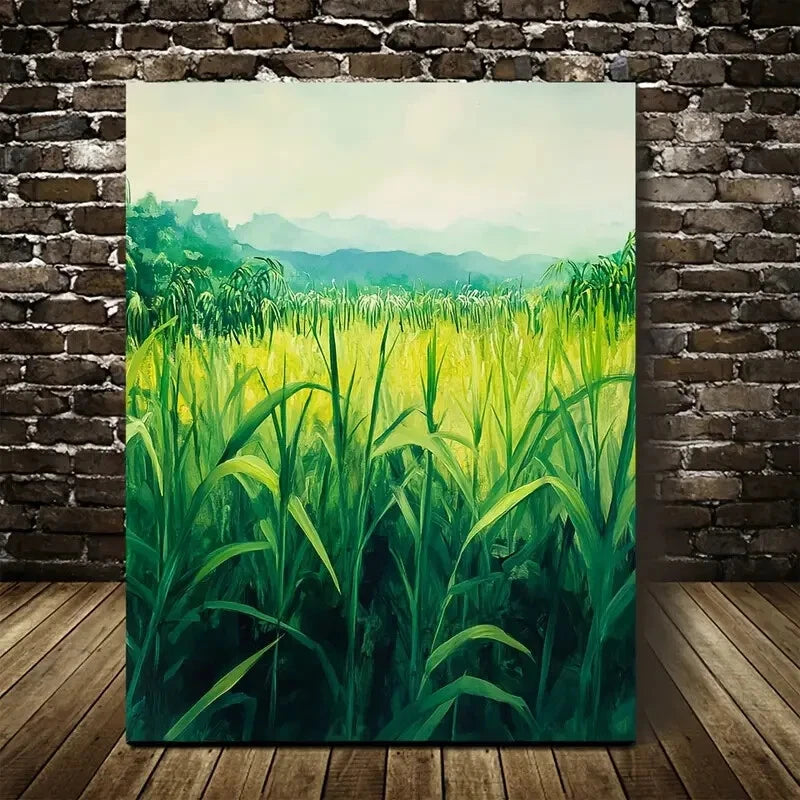 Vibrant Green Sugarcane Meadow Painting 40x60cm Metal Print Ready to Hang - Bella Home Decor