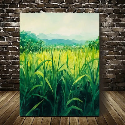 Vibrant Green Sugarcane Meadow Painting 40x60cm Metal Print Ready to Hang - Bella Home Decor