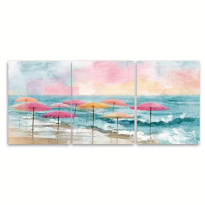 3pcs Pink Umbrellas & Ocean Waves Metal Print Ready to Hang Art
