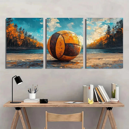 3pcs Vintage Volleyball Ball & Autumn Forest Metal Print Ready to Hang Art - Bella Home Decor