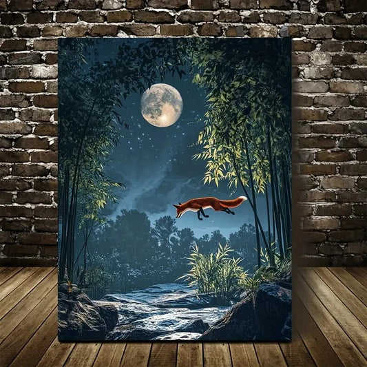 Joyful Red Fox Leaping in Bamboo Groveg 40x60cm Metal Print Ready to Hang - Bella Home Decor