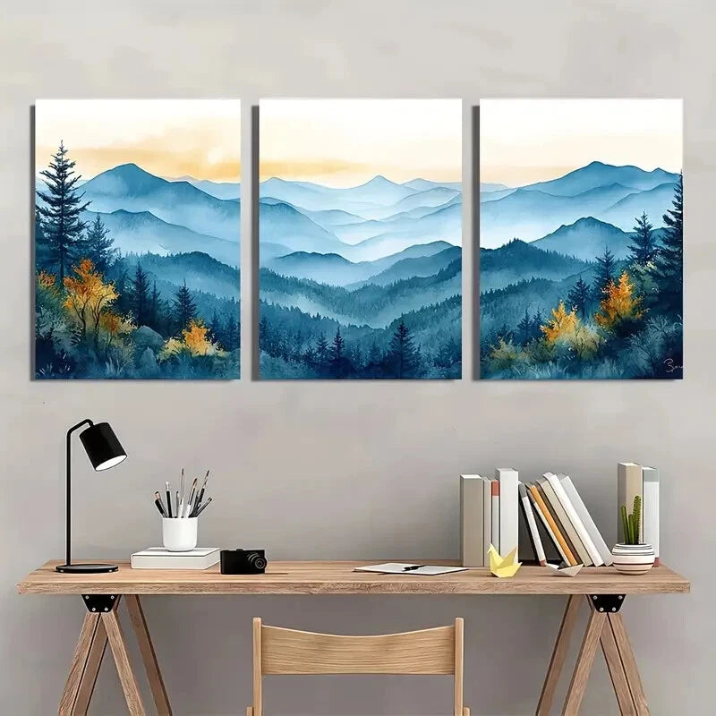 3pcs Watercolor Landscape Painting of North Metal Print Ready to Hang Art - Bella Home Decor