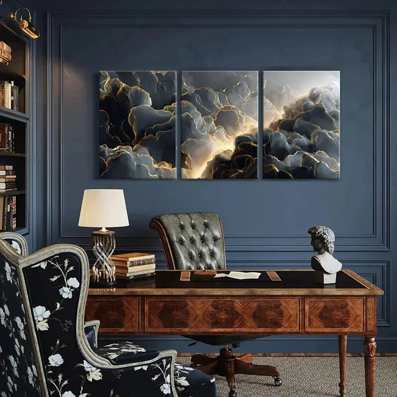 3pcs Abstract Cloudscape Art Golden Lines Metal Print Ready to Hang Art - Bella Home Decor