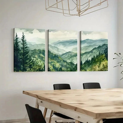 3pcs Vintage Mountain Green Forest Misty Hills  Wall Art Canvas  Wall Art Set Canvas Framed 40x60cm - High Quality Print 100% Australian Made Wall Canvas Ready to Hang - Bella Home Decor