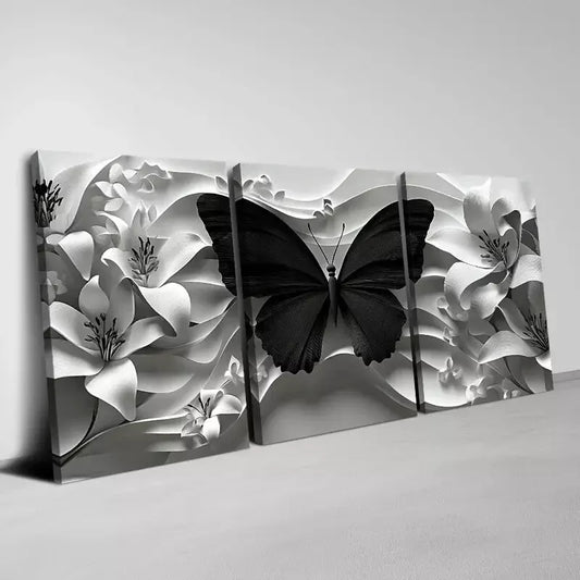 3pcs Abstract Dark Butterfly with White Florals Wall Art Set Canvas Framed 50x70cm - High Quality Print 100% Australian Made Wall Canvas Ready to Hang