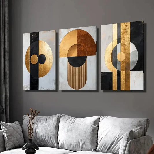 3pcs Golden Black Geometric Abstract Wall Art Set Canvas Framed 40x60cm - High Quality Print 100% Australian Made Wall Canvas Ready to Hang