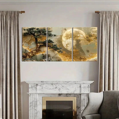 3pcs Moonlit Pine Tree Golden Landscape Metal Print Ready to Hang Art - Bella Home Decor