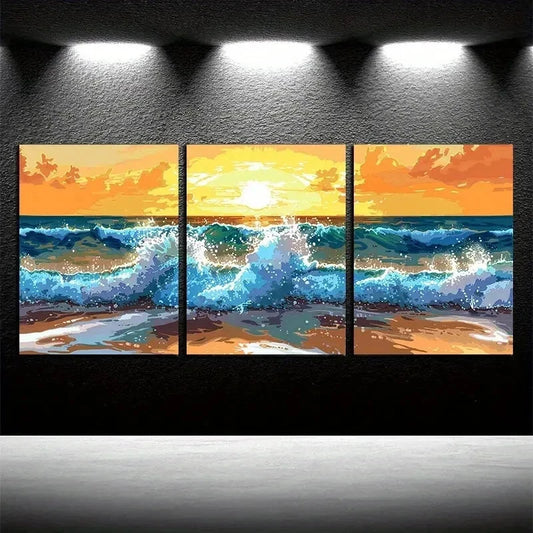 3pcs Vibrant Sea Dusk with Waves Illustration Wall Art Set Canvas Framed 40x60cm - High Quality Print 100% Australian Made Wall Canvas Ready to Hang