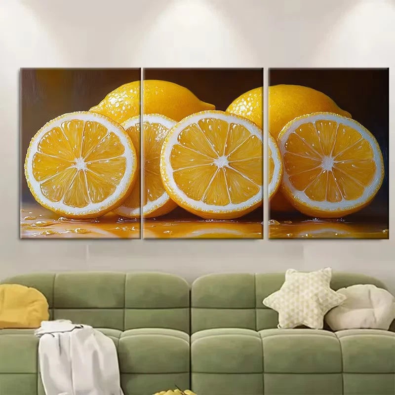 3pcs Lemon Oil Painting Abstract Yellow Fruit Metal Print Ready to Hang Art