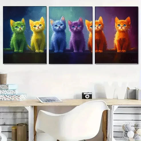 3pcs Cute Rainbow Kitten with big bright eyes Wall Art Set Canvas Framed 60x90cm - High Quality Print 100% Australian Made Wall Canvas Ready to Hang