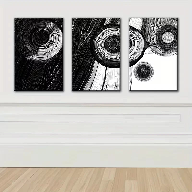 3pcs Black and white Abstract Wood Ring Wall Art Set Canvas Framed 60x90cm - High Quality Print 100% Australian Made Wall Canvas Ready to Hang - Bella Home Decor