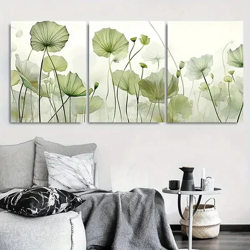 3pcs Serene Green for Lotus Leaf Abstract Wall Art Canvas Unframed - High Quality Print 100% Australian Made Wall Canvas