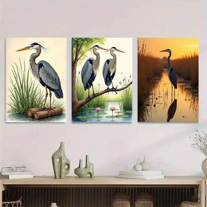 3pcs Herons in Nature Triptych Vertical Bird Wall Art Set Canvas Unframed - High Quality Print 100% Australian Made Wall Canvas