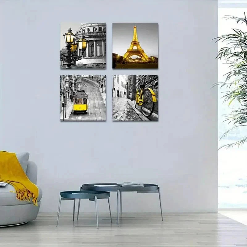 4pcs Eiffel Tower, Vintage Tram & Charming Wall Art Canvas Framed