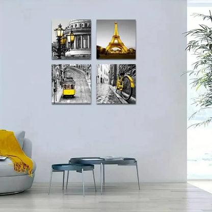 4pcs Eiffel Tower, Vintage Tram & Charming Wall Art Canvas Framed