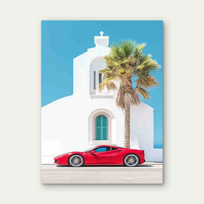 Vintage Style Red Sports with Palm Trees 40x60cm Metal Print Ready to Hang - Bella Home Decor