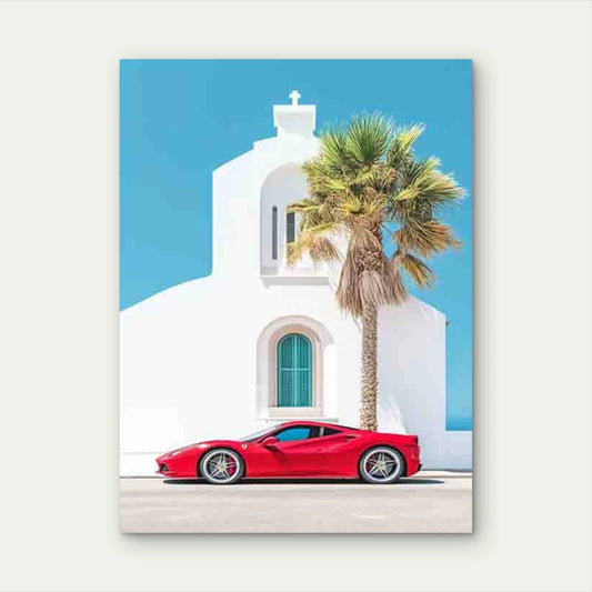 Vintage Style Red Sports with Palm Trees 40x60cm Metal Print Ready to Hang