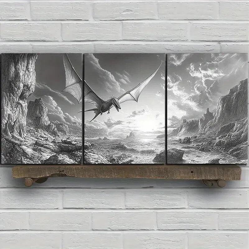 3pcs Dragons Flying On The Coast Black & White Metal Print Ready to Hang Art - Bella Home Decor