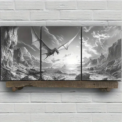 3pcs Dragons Flying On The Coast Black & White Metal Print Ready to Hang Art - Bella Home Decor
