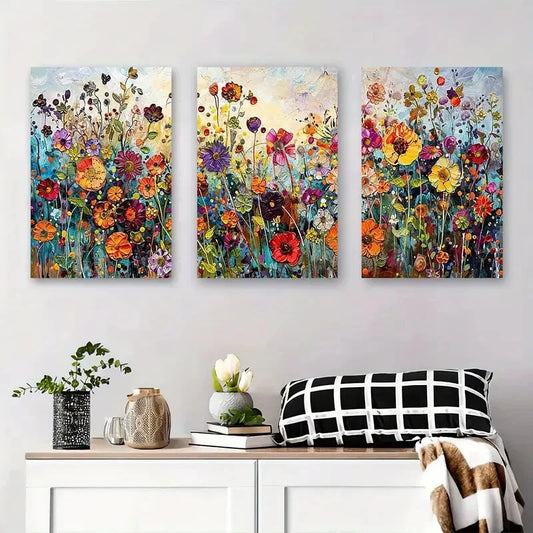 3pcs Vibrant Abstract Floral Bright Colorful Metal Print Ready to Hang Art